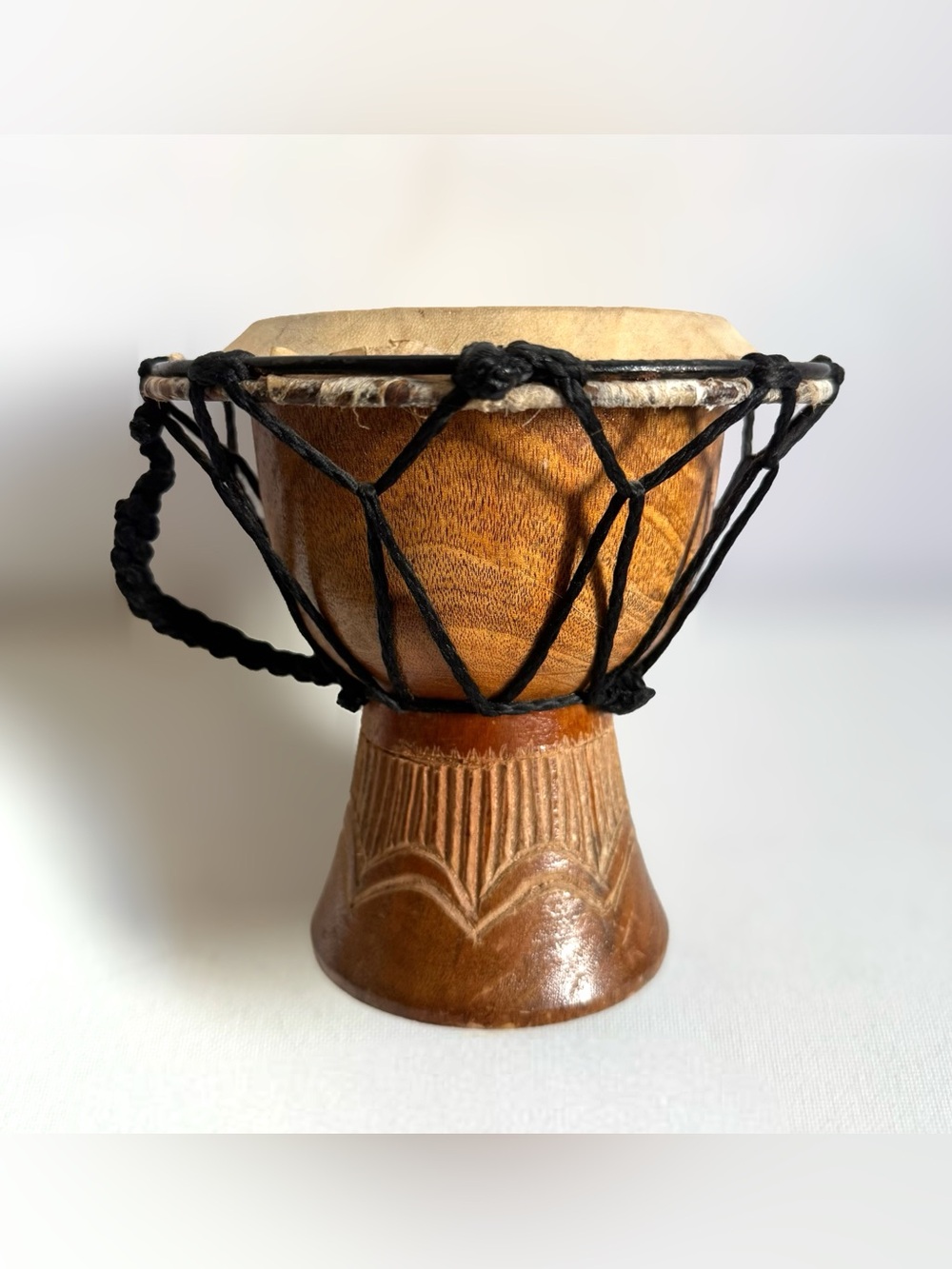 Vtg Carved Wood Djembe Hand Drum Animal Skin Rope Boho Decor Mexican Folk Art